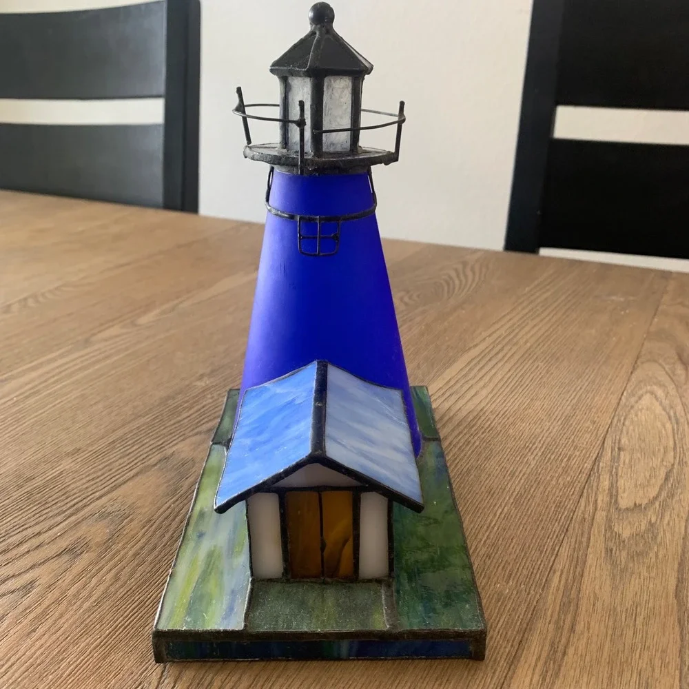 Vtg Stained Glass Lighthouse Cobalt Blue Glass Nautical Accent Lamp Cover READ